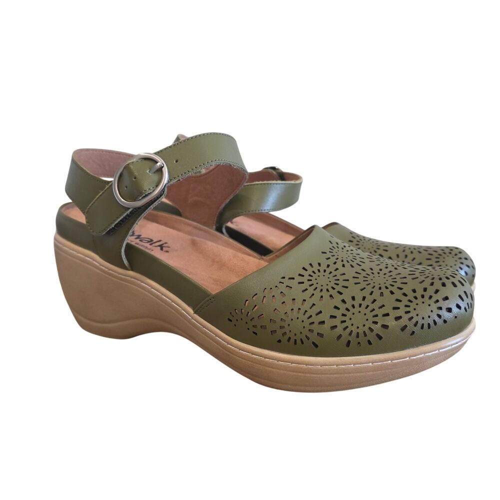 SoftWalk Mabelle Perf Olive Green Leather Laser Cut Wedge Clog Sandals Size 10M